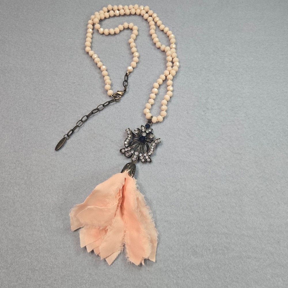 Plunder Tassel Pendant Necklace Womens OS Peach Cream Beaded Boho Rhinestone